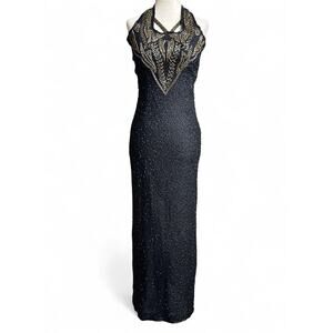 100% Silk Beaded Formal Halter Dress Size XS Statement Dress Glam Luxe